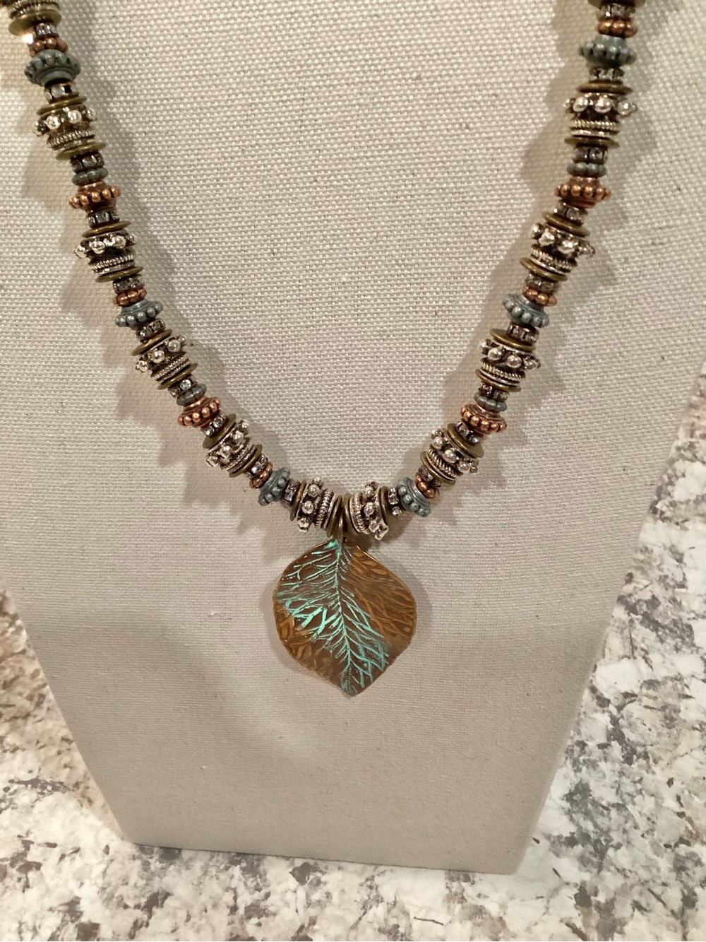 Artisan Crafted Bohemian Brown and Turquoise Metal Leaf Pendant Necklace - Picture 4 of 7